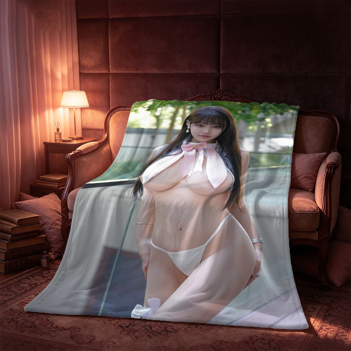 Nurse Cosplay Girl Sitting with Syringe Between Legs - Blanket