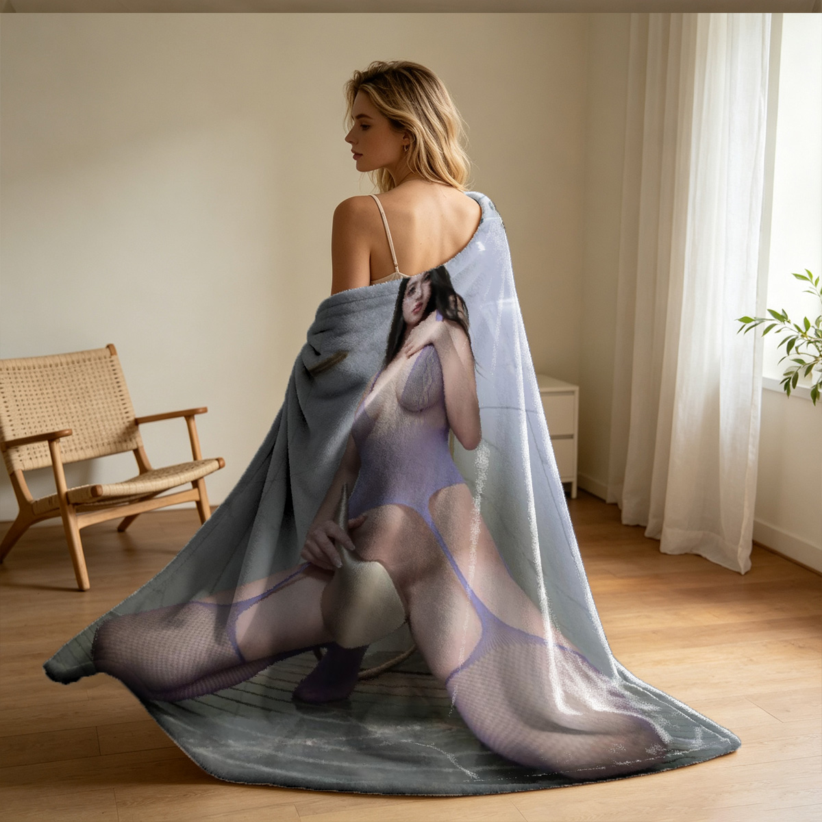 Happy Birthday Nude Girl with Crown and Cake Kneeling on Rug - Blanket