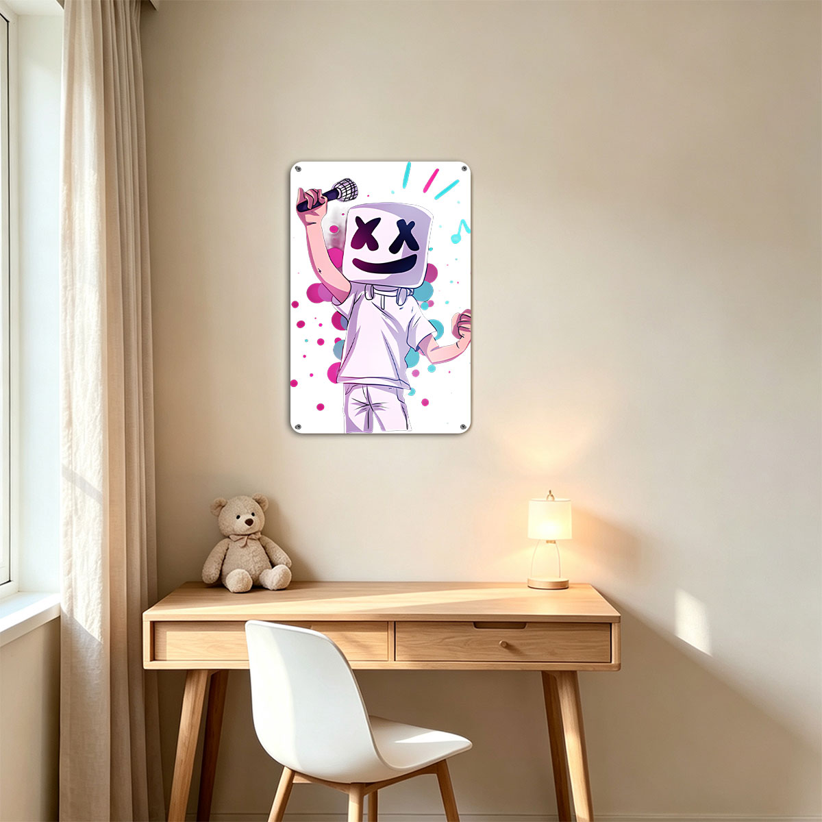 Marshmello Performing with Microphone, Music Notes, and Colorful Background - painting