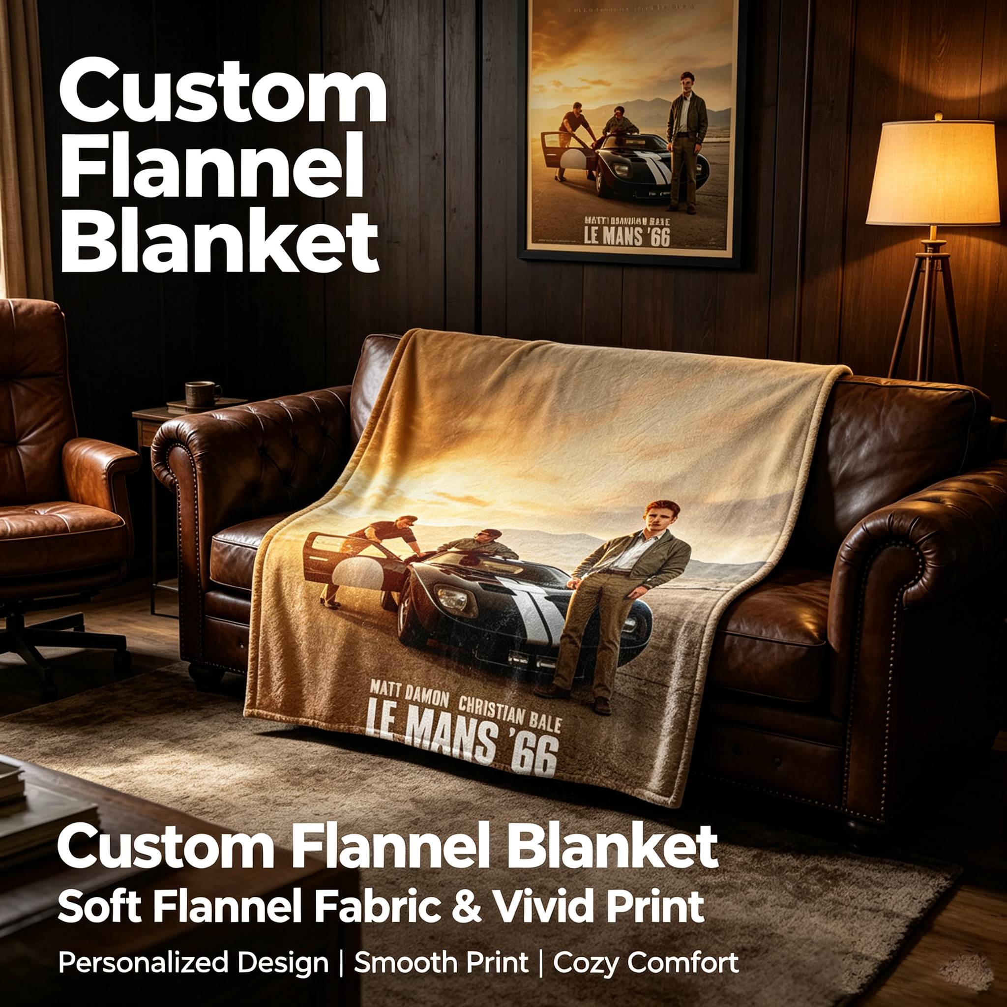 Custom Face Blanket Featuring Le Mans '66 Movie Characters Matt Damon and Christian Bale Flannel Blanket for Car Enthusiasts and Movie Fans Perfect Gift or Giveaway Item