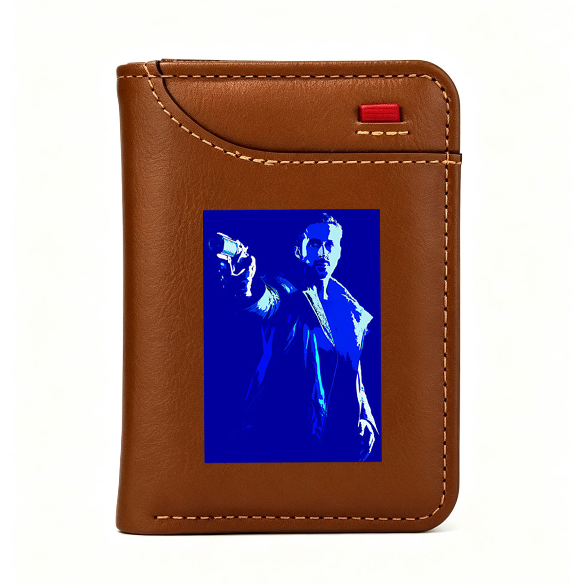Ryan Gosling as Blade Runner in a blue-toned, stylized portrait holding a pistol. - Vertical Style Wallet