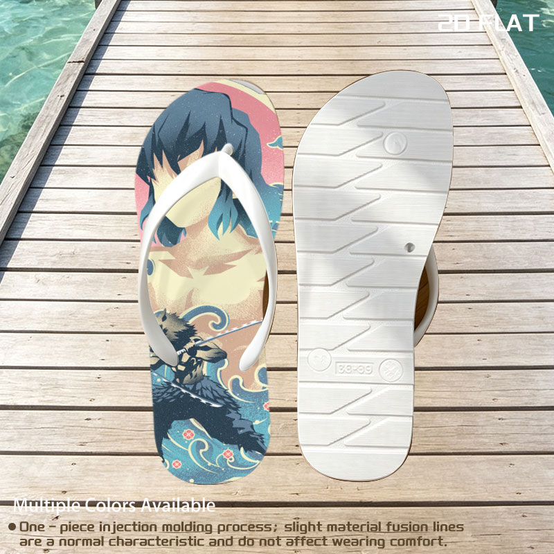 Inosuke Hashibira from Demon Slayer: Kimetsu no Yaiba, depicted in a dynamic pose with his twin swords, set against a stylized wave and sun background. -  flip-flops
