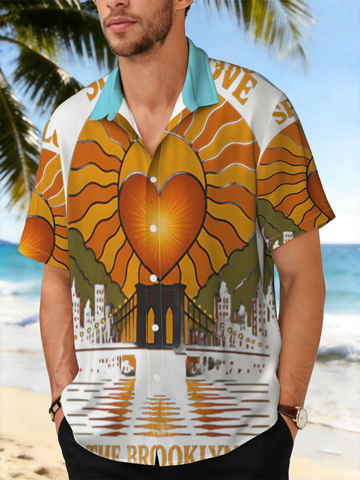 Spread Love: It's the Brooklyn Way - Heart Sun Over Bridge Cityscape -  Shirt