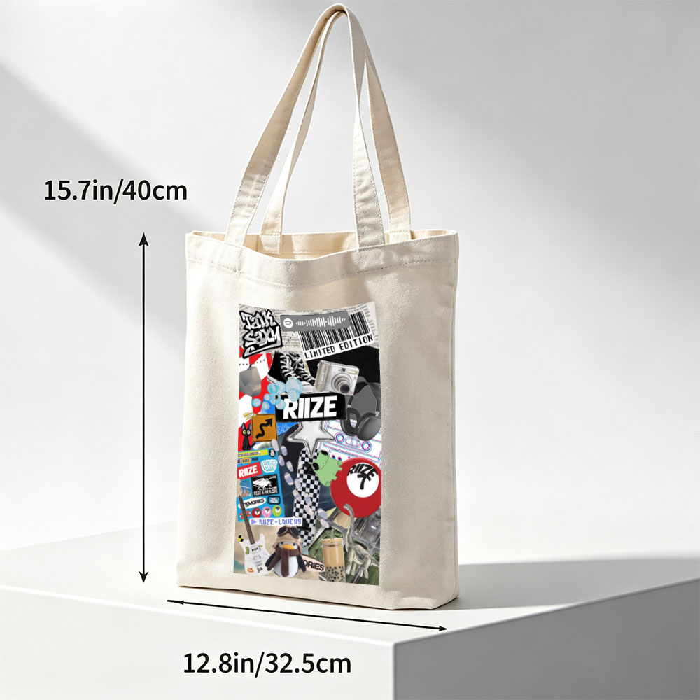 RIIZE Music Collage Featuring Band Merch, Camera, Sneakers, and Pop Culture Elements - Canvas tote bags