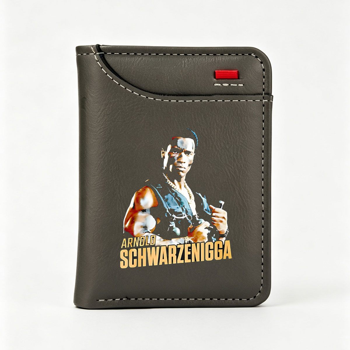 Arnold Schwarzenegger in Action Pose with Bottle and Chain Necklace - Vertical Style Wallet