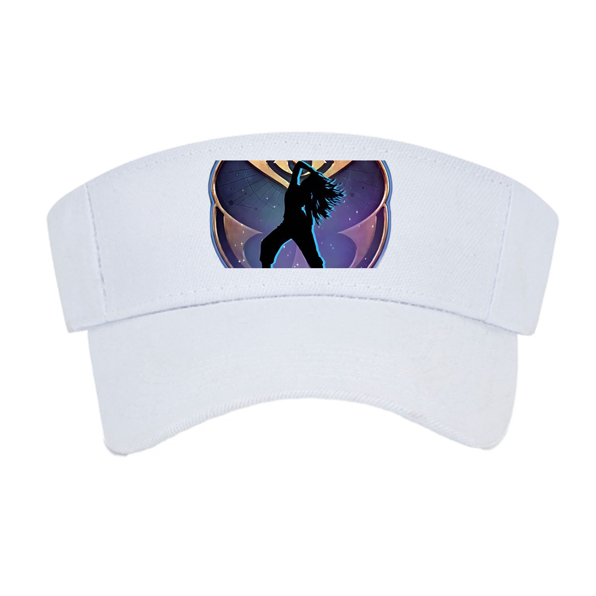 Silhouette of a dancer in front of an eye emblem, cosmic background -  Visor cap