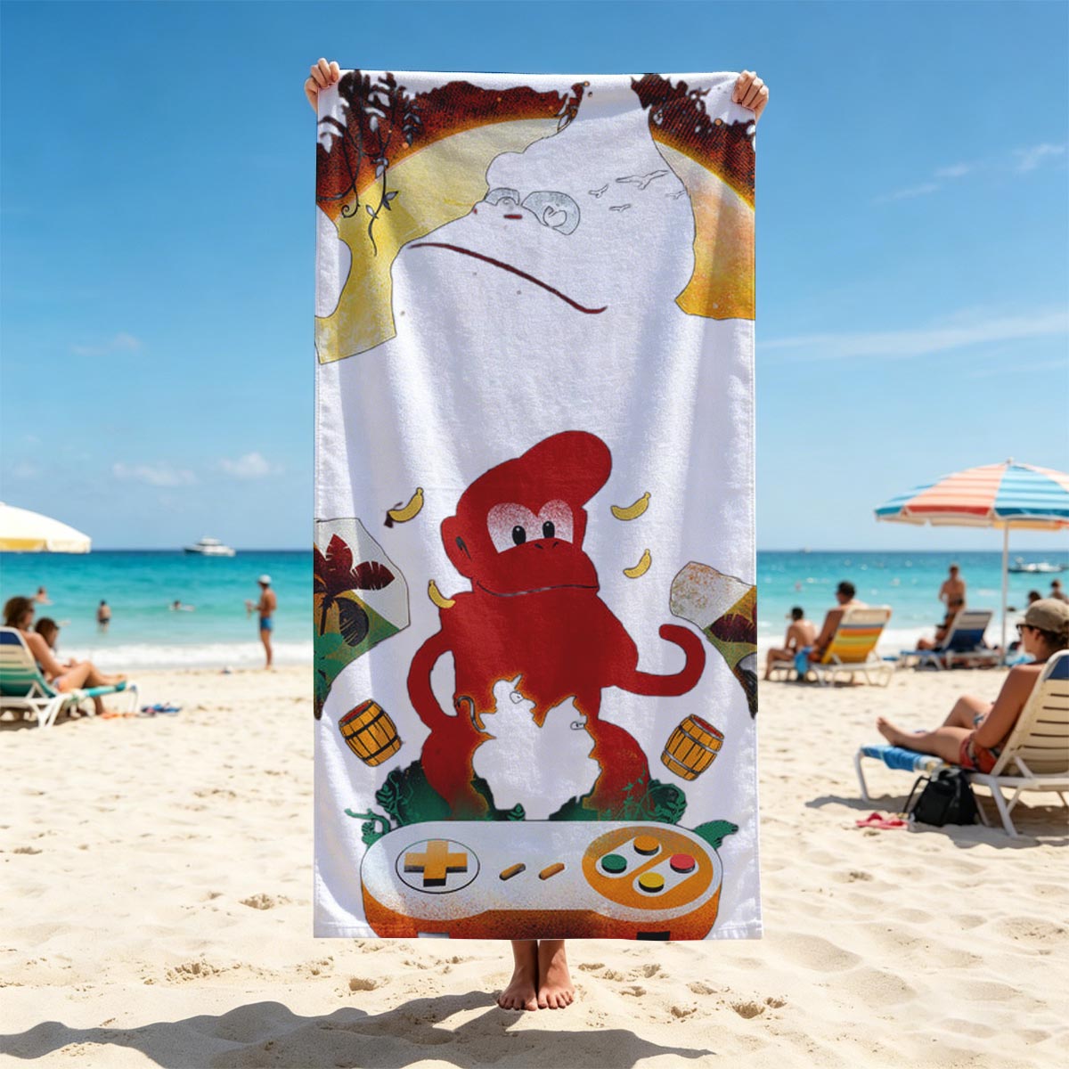 Diddy Kong and Donkey Kong in a jungle scene with a Nintendo 64 controller, featuring bananas and barrels. - Beach towels