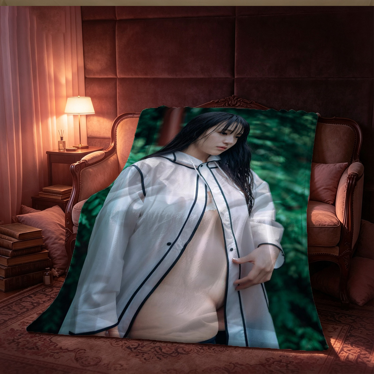 Cosplayer as Elf Warrior Princess in White and Blue Armor with Spear - Blanket