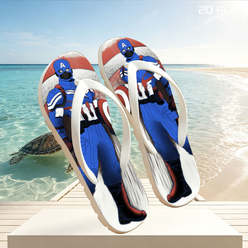 Captain America in Tactical Suit with Shield, Standing Against a Dynamic Red, White, and Blue Background -  flip-flops