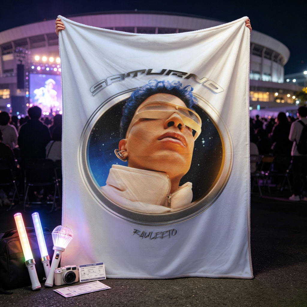 Rauw Alejandro in Space Through a Circular Window with Starry Background and Futuristic Look - Blankets