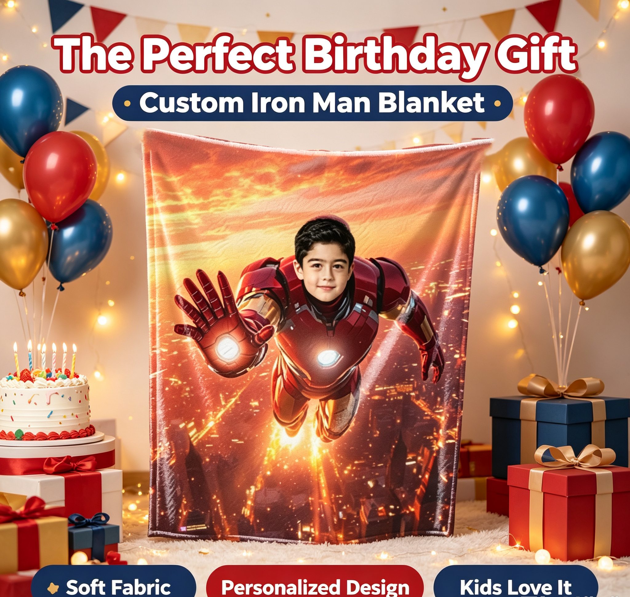 Custom Face Iron Man Flannel Throw Blanket, Personalized Superhero Blanket for Boys, Upload Your Photo Customized Kids Blanket, Unique Birthday Holiday Gift, Soft Warm Lightweight Blanket for Bedroom Play Tent Sofa Travel