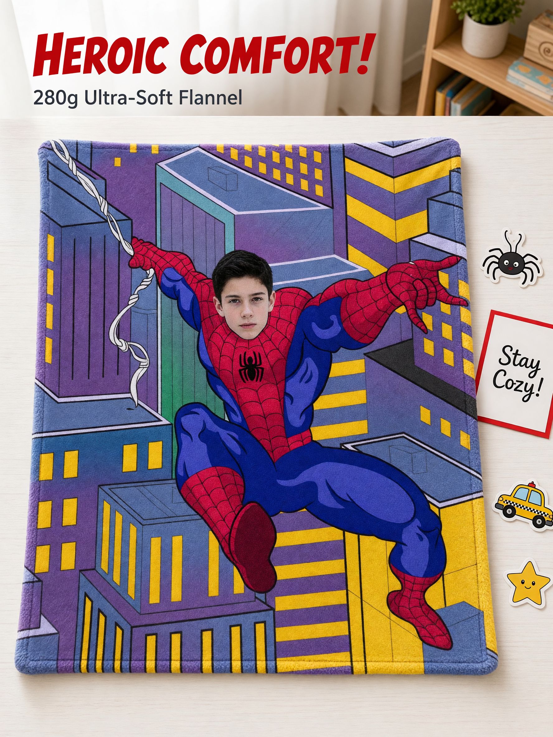 Personalized Superhero Photo Blanket Custom Face Soft Flannel Throw Cozy Birthday Gift for Kids and Superhero Fans