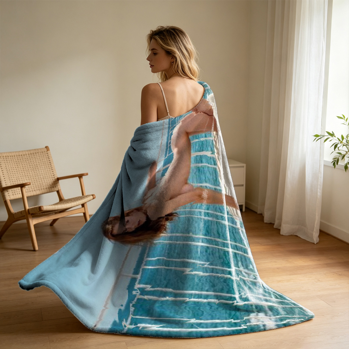 Nude Anya Taylor-Joy lying on couch smiling at camera - Blanket