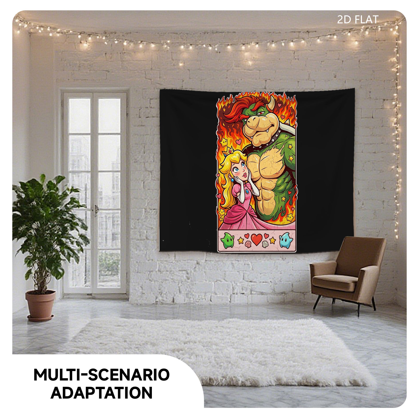Bowser and Princess Peach in a fiery romantic scene, surrounded by hearts, stars, and mushrooms. - Tapestry