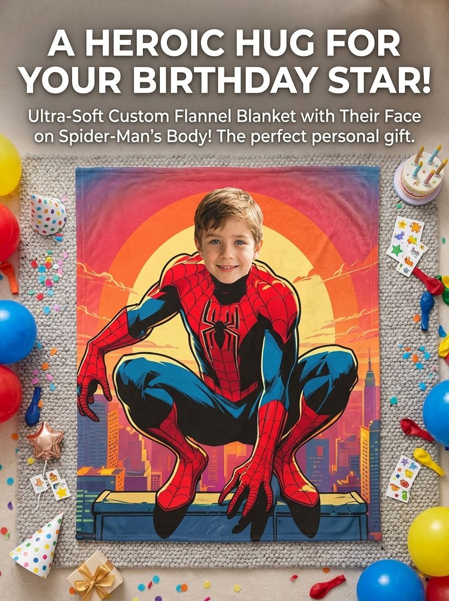 Custom Face Superhero Flannel Fleece Blanket Personalized Photo Throw for Kids Adults Cozy Home Couch Bed Gift