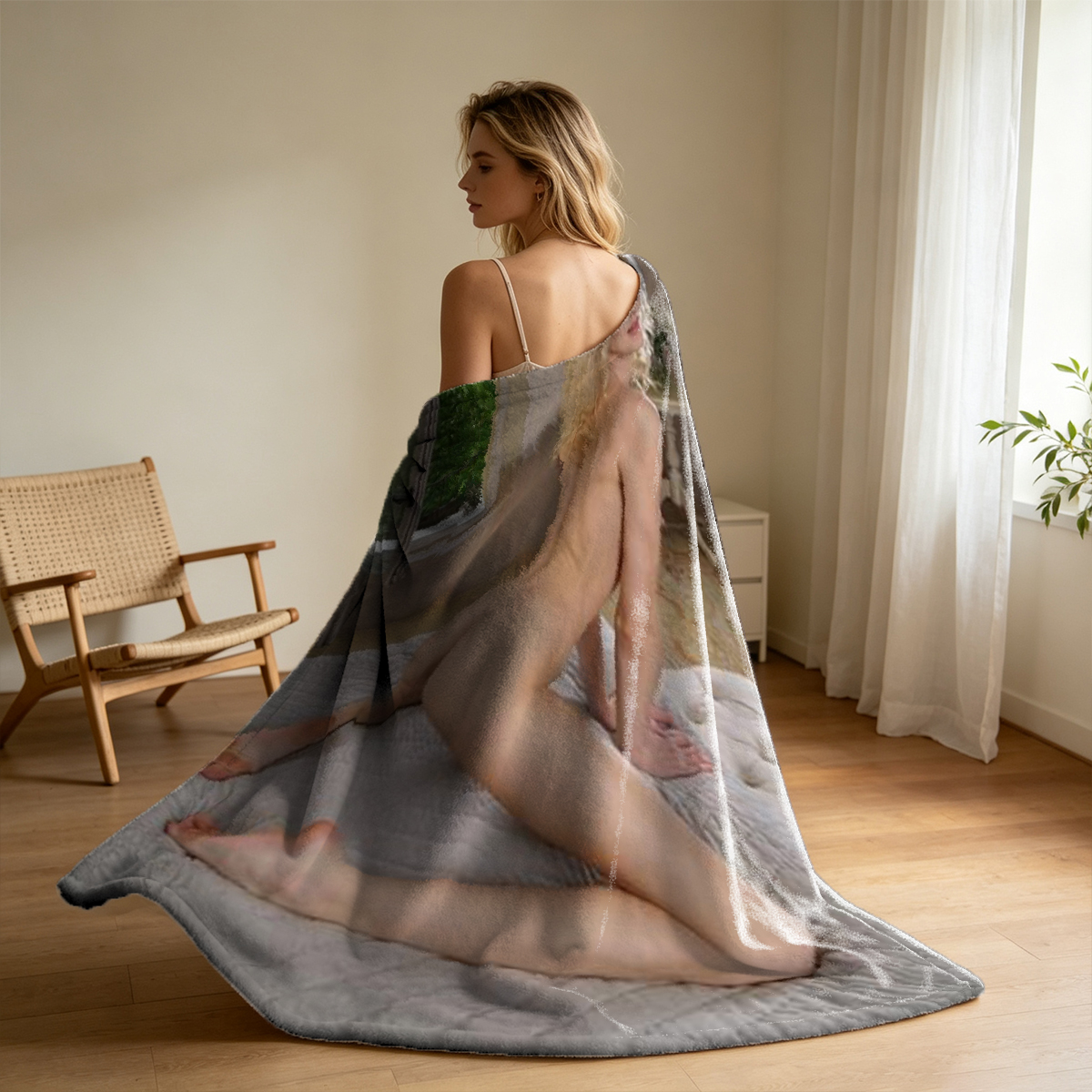 Nude Japanese woman with wet hair posing by window with Mount Fuji in background. - Blanket