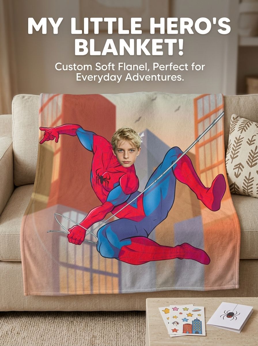 Custom Superhero Face Photo Blanket Soft Flannel Fleece Throw Lightweight Bedding Personalized Gift for Kids Adults