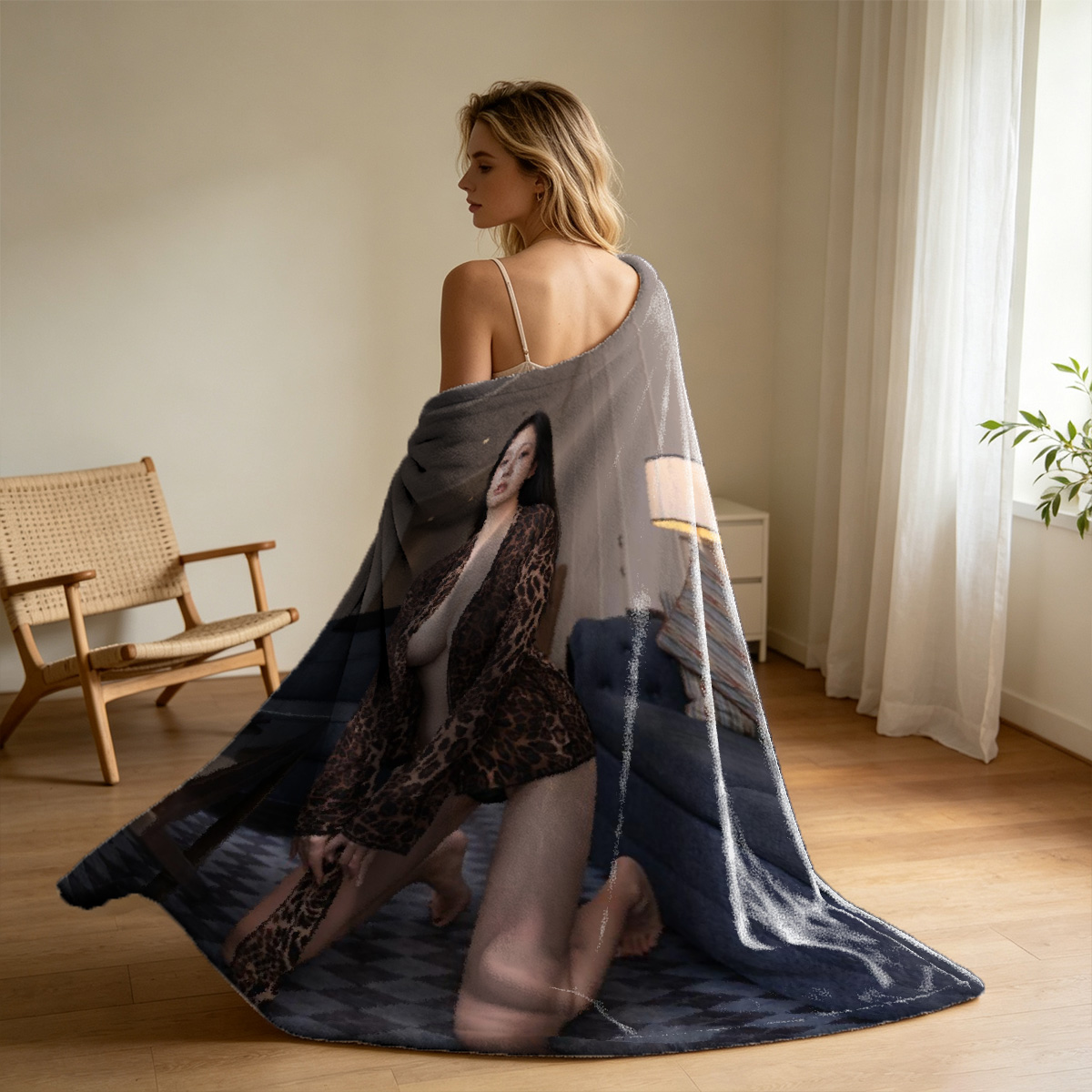 A nude woman with long brown hair covering her breasts, sitting indoors by a fireplace. - Blanket