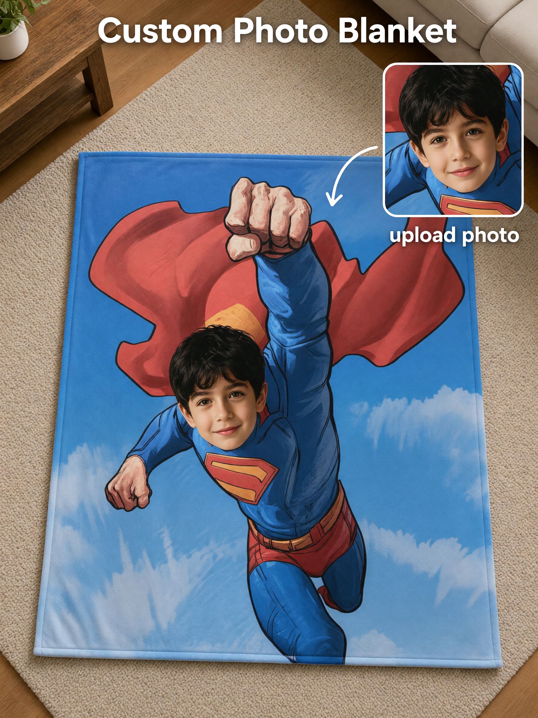 Custom Photo Superhero Flannel Blanket Personalized Face Throw Plush Fleece Bed Couch Wrap Ideal Keepsake Gift