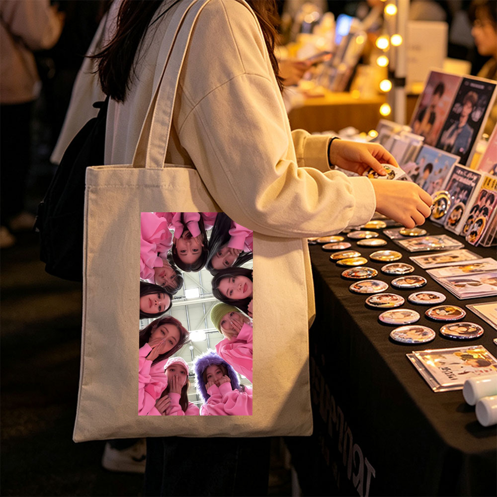 NewJeans Group Photo in Pink Outfits Forming a Circle with Playful Expressions - Canvas tote bags