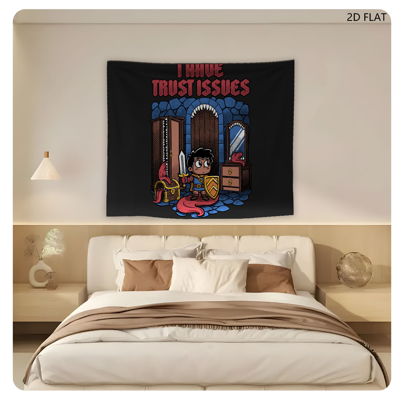 I Have Trust Issues: A Knight with a Sword and Shield Stands Before a Door with a Dragon's Tail, Chest, and Mirror in a Stone Room - Tapestry