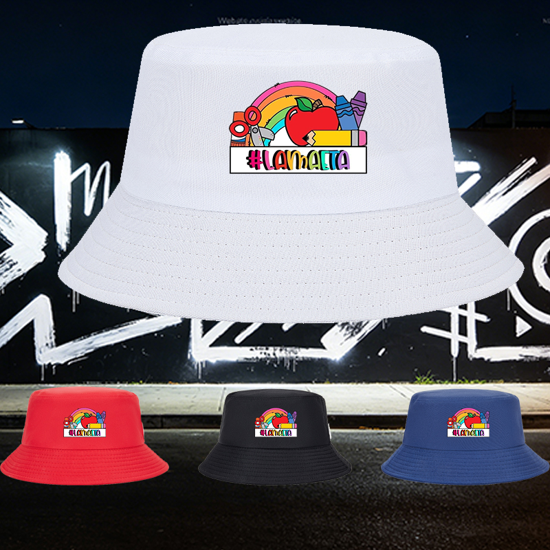 Unisex Bucket Hat with Rainbow Apple and School Supplies Print, #LAMMAETA Design, Classic Cotton Sun Hat for Outdoor Activities, Perfect for Students and Teachers
