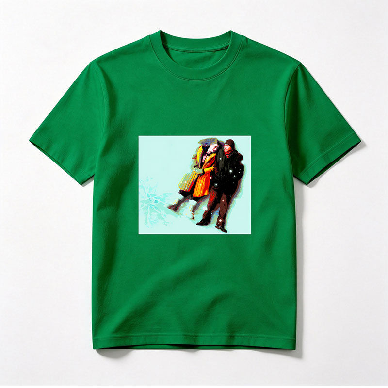 Couple in Winter Coats Walking in Snowy Scene - Tee