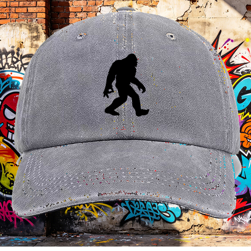 Men's Printed Washed Cap with Bigfoot Silhouette Design - Casual Round Brim Summer Lightweight Hat for Outdoor Adventures, Hiking, Camping, and Everyday Wear - Ideal for Men Who Love Nature and Wildlife Themes