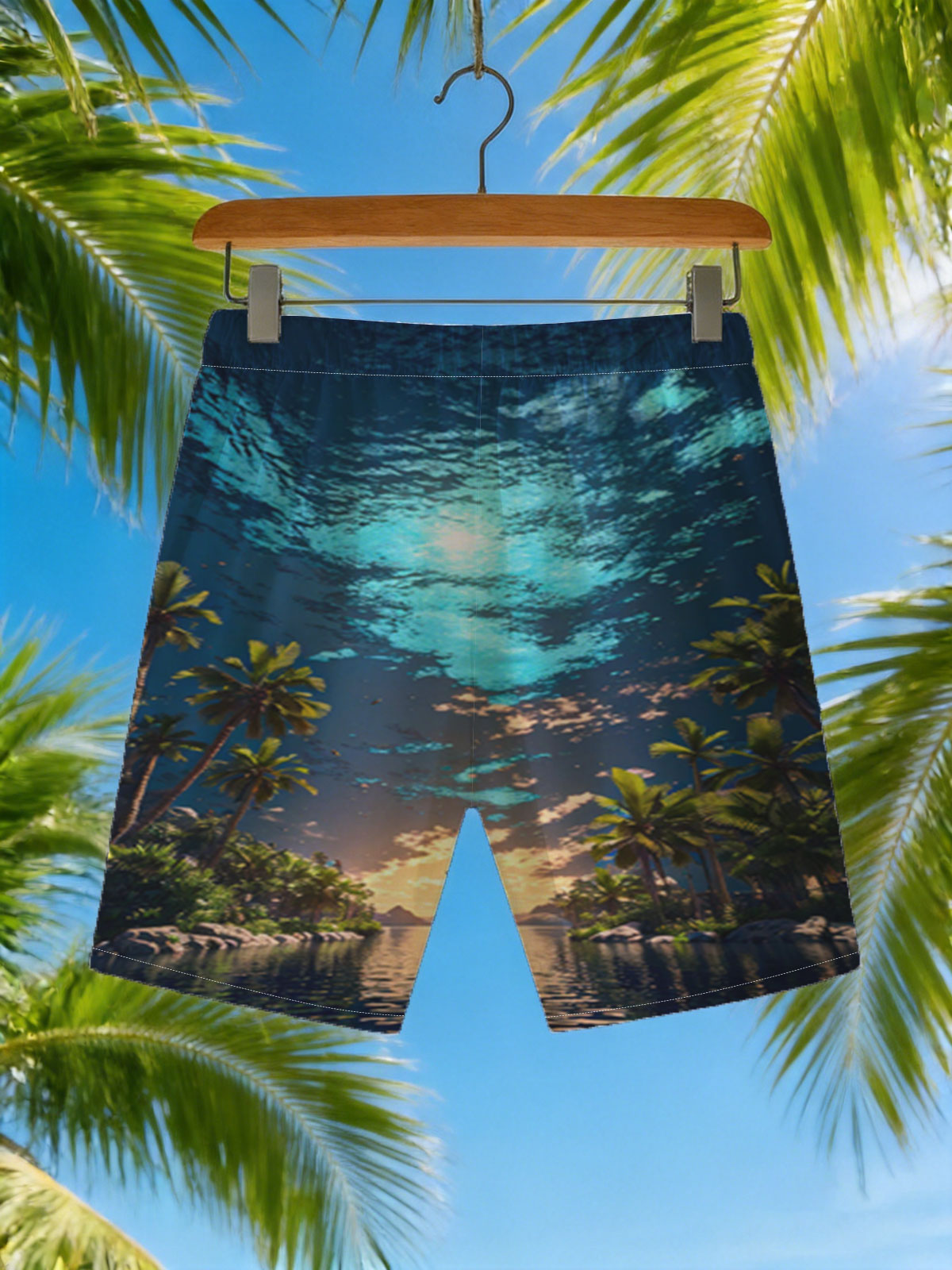 Man stands on water under surreal sky, surrounded by palm trees at twilight -  Beach shorts