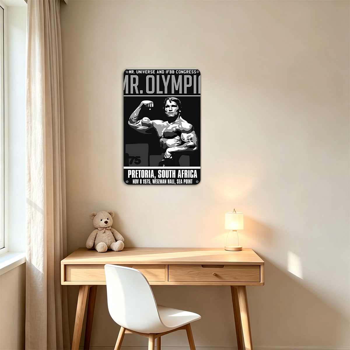 Mr. Olympia 1975: Arnold Schwarzenegger at Weizman Hall, Pretoria, South Africa - painting