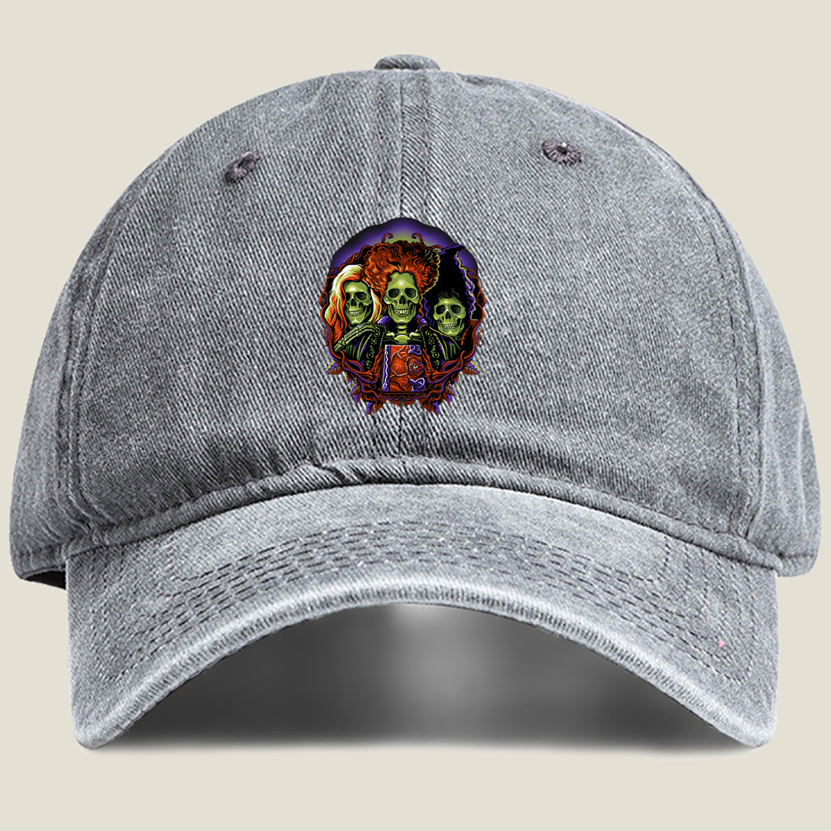 Three Skulls with Vibrant Hair and Ornate Design - Washed Denim - Baseball Cap