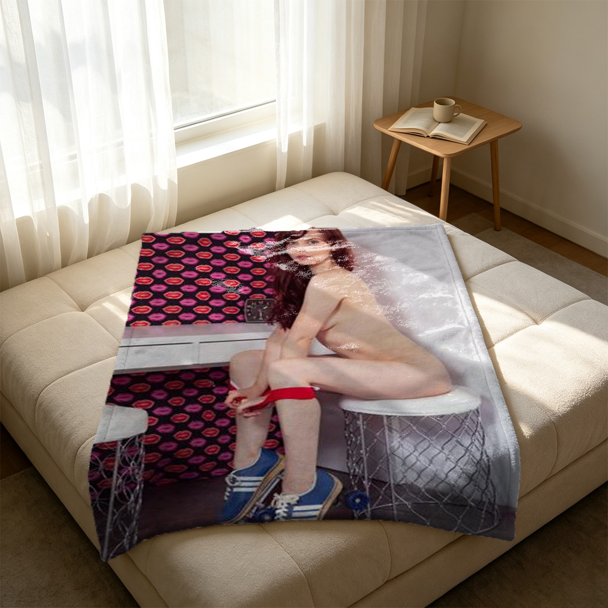 Red Lingerie Beauty in Seductive Pose - Blanket
