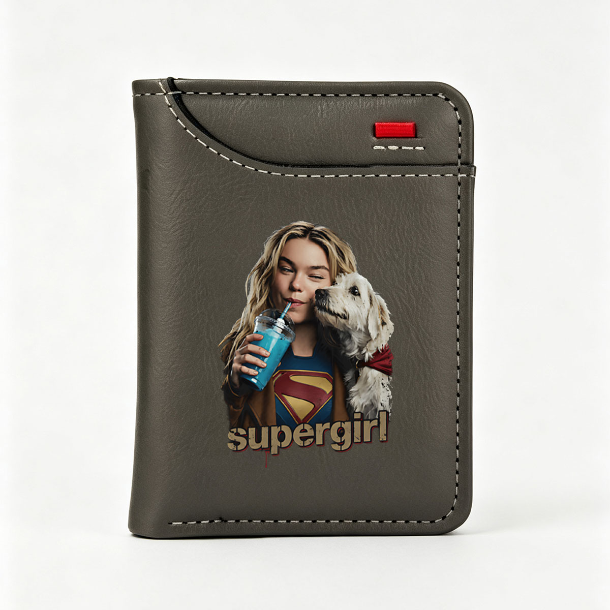 Supergirl with Dog and Blue Drink - Vertical Style Wallet