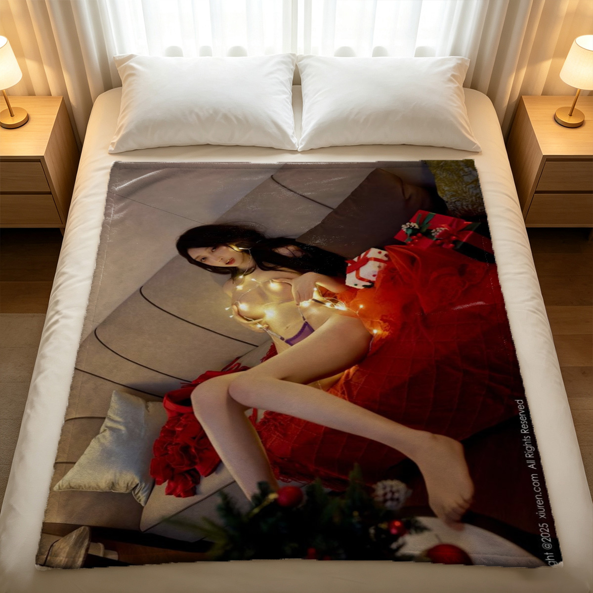 Nude Brunette Sitting on Wooden Chair Back View - Blanket