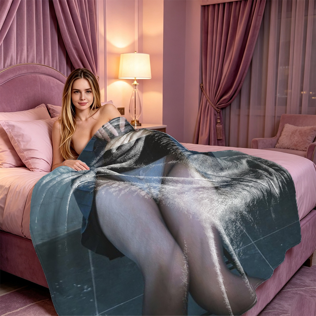 Blonde Nude on Sofa, Smiling Seductively - Blanket