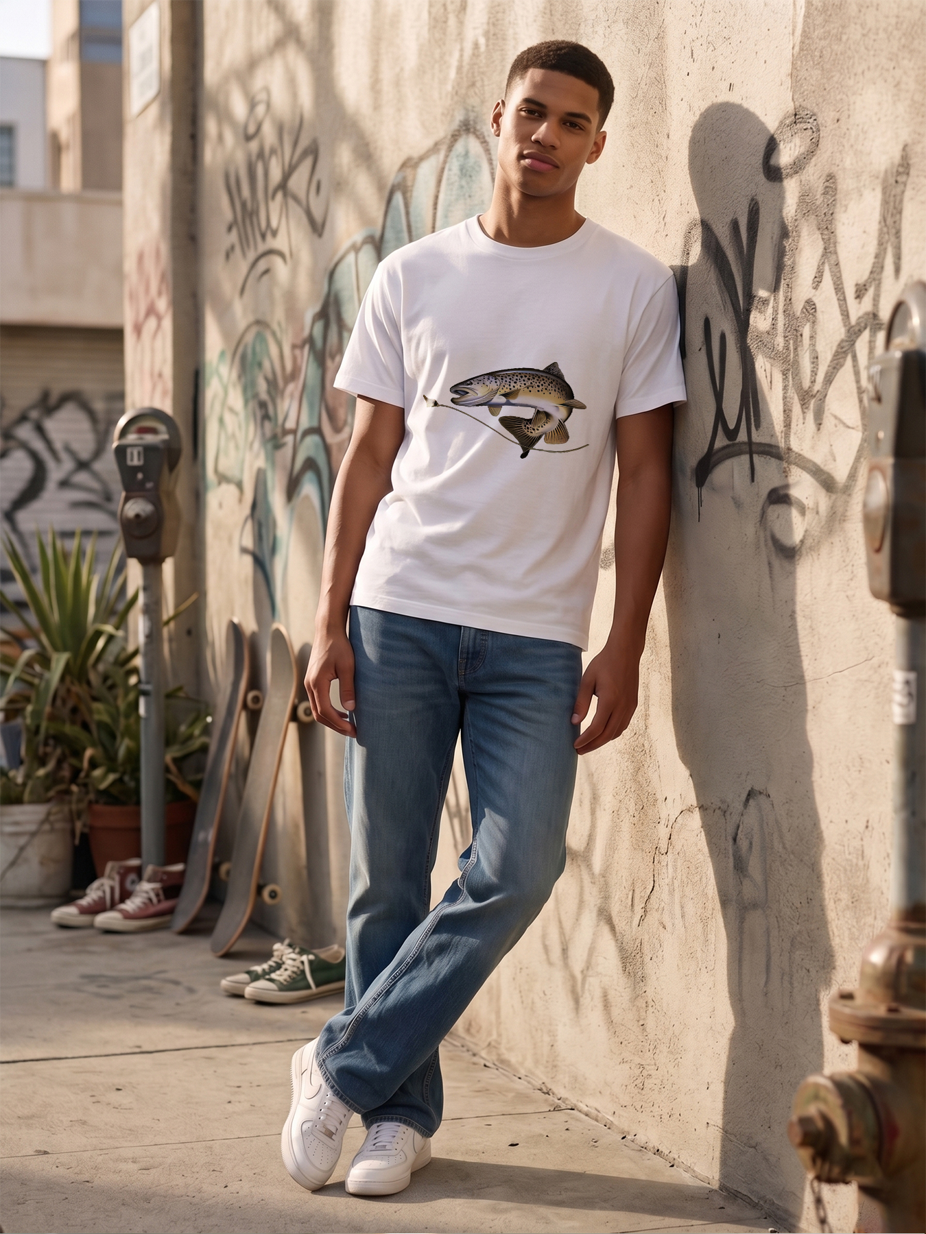 Men's Printed T-Shirt Brown Trout Fishing Design Casual Round Neck Summer Lightweight Breathable Short Sleeve T-Shirt for Outdoor Enthusiasts and Fishing Lovers