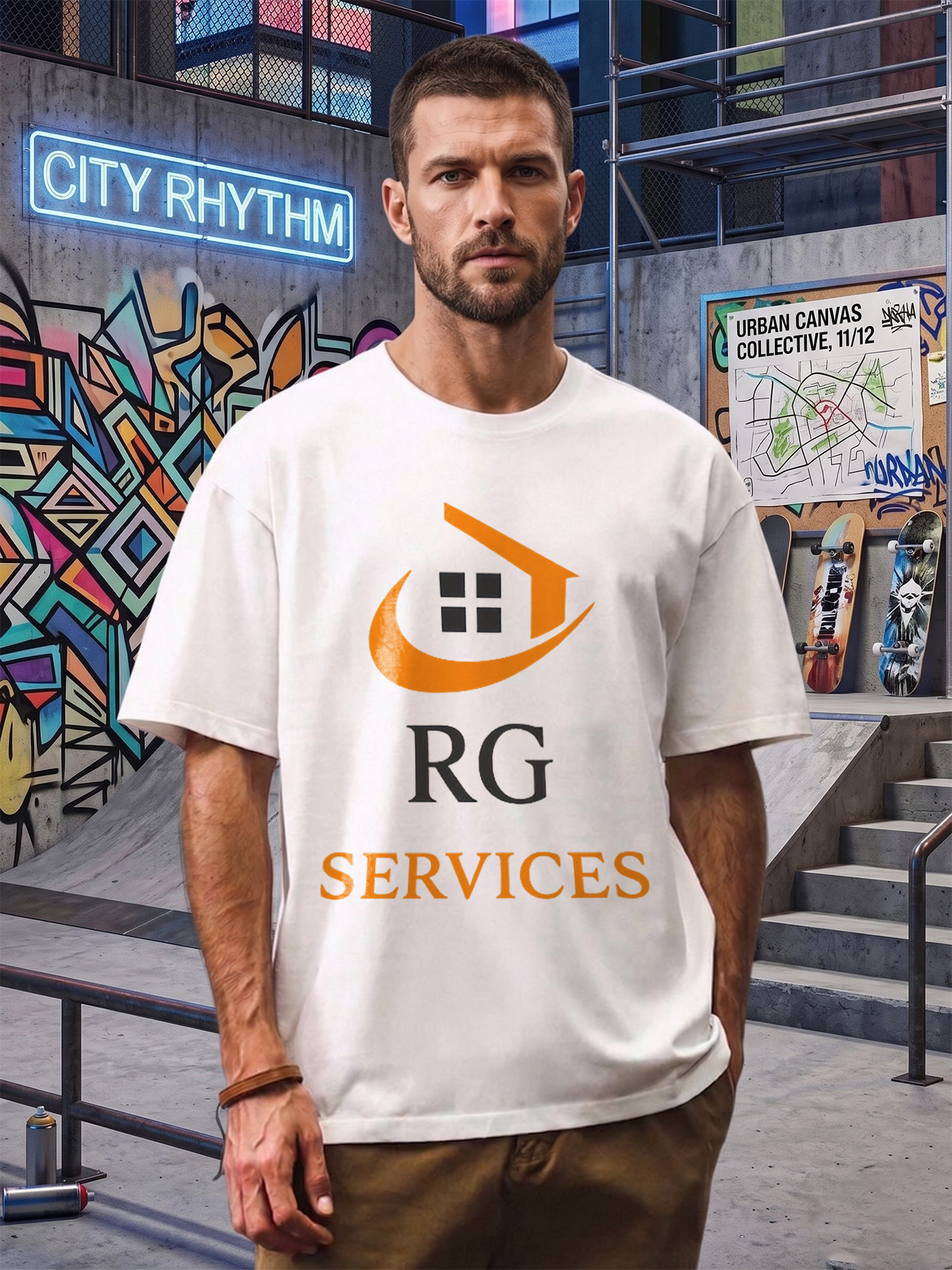 Men's Printed T-Shirt with RG SERVICES Logo and House Design, Casual Round Neck Summer Lightweight Breathable Short Sleeve T-Shirt for Work, Office, Daily Wear, Ideal for Professionals and Service Industry Workers