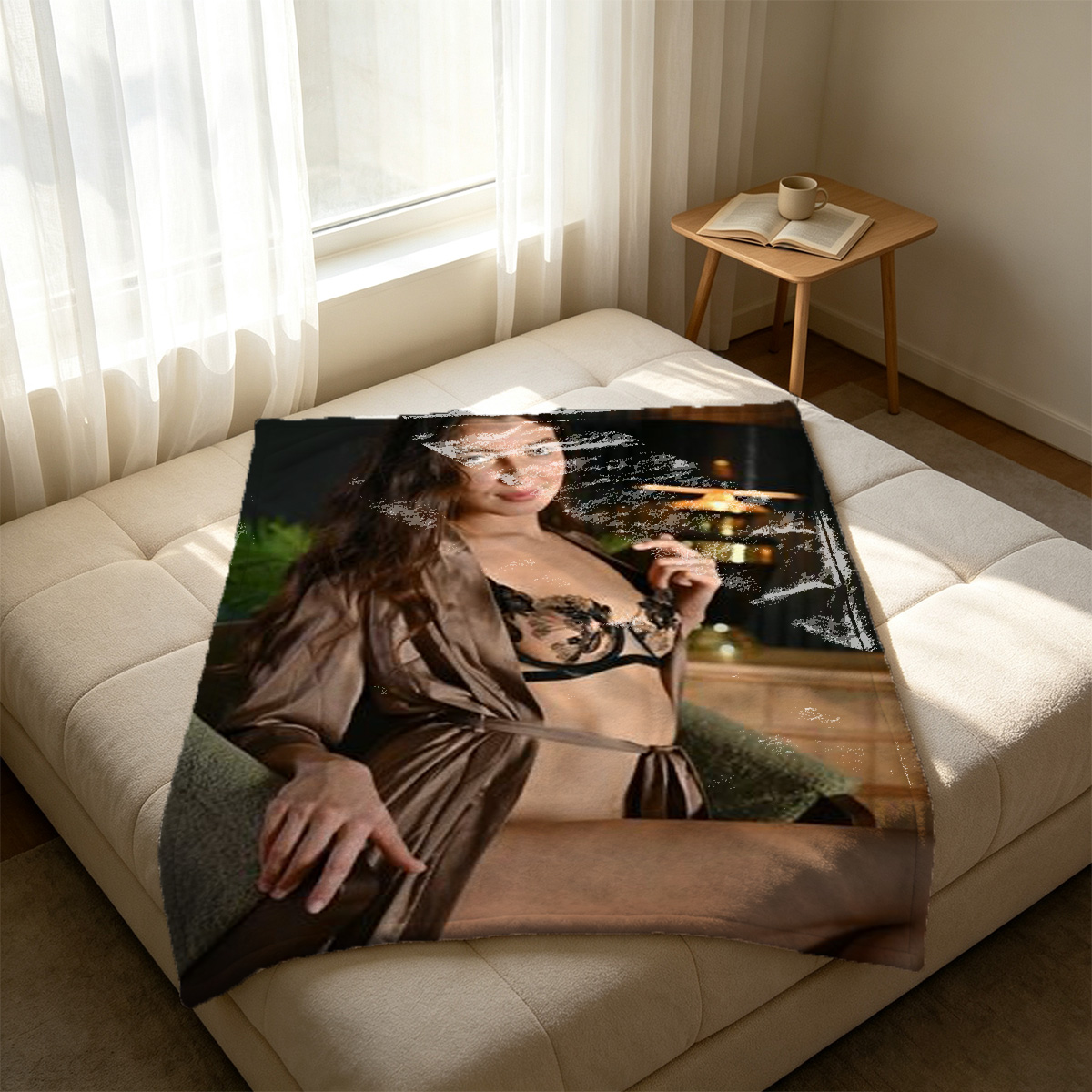 Bride in white veil and sheer stockings kneeling on bed, topless covering breasts - Blanket