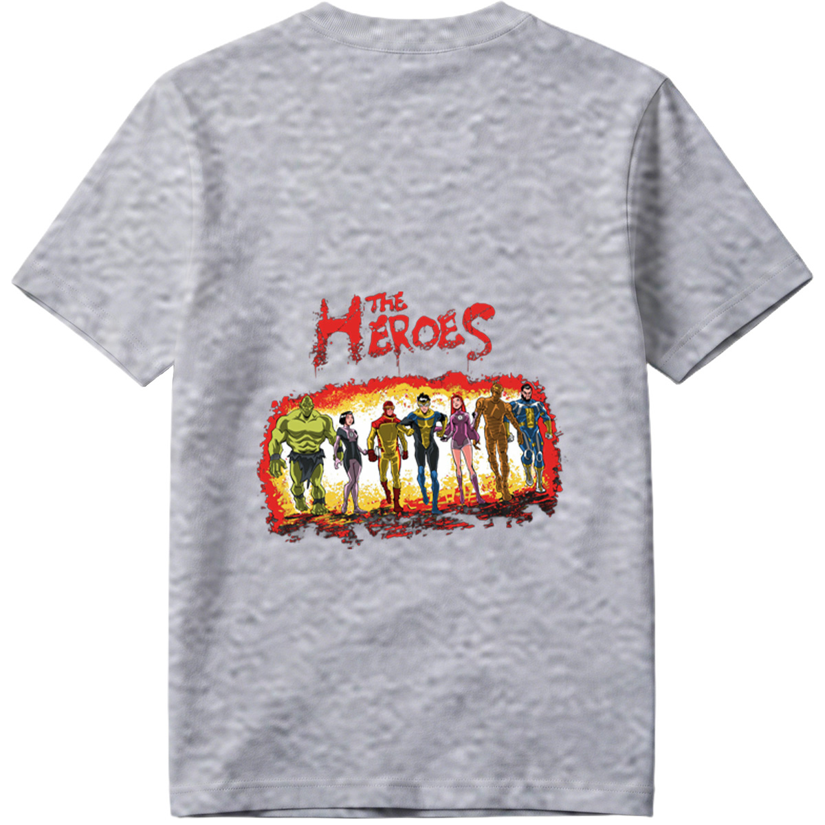 The Heroes: Green Hulk, Black Widow, Red Ranger, Blue Avenger, Pink Warrior, Golden Titan, and Blue Sentinel - Tee