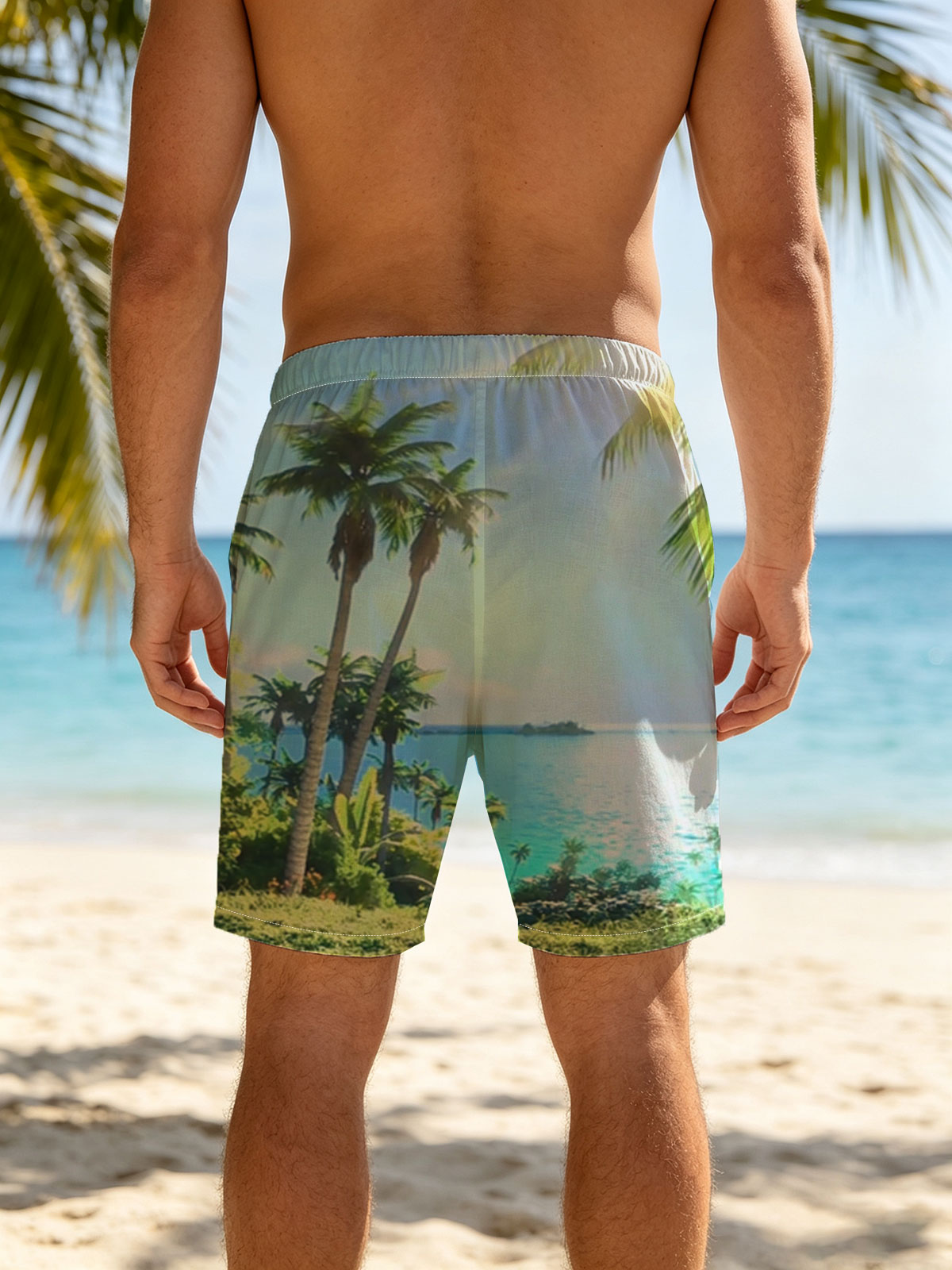 Tropical Paradise with Palm Trees and Crystal Clear Waters -  Beach shorts