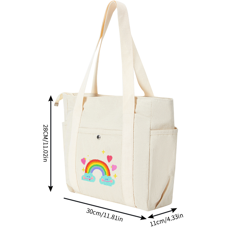 Multi Pocket Bag White with Rainbow Clouds and Hearts Print - Stylish Organizational Bag for Daily Use, Perfect for Students, Travelers, and Urban Lifestyle Enthusiasts