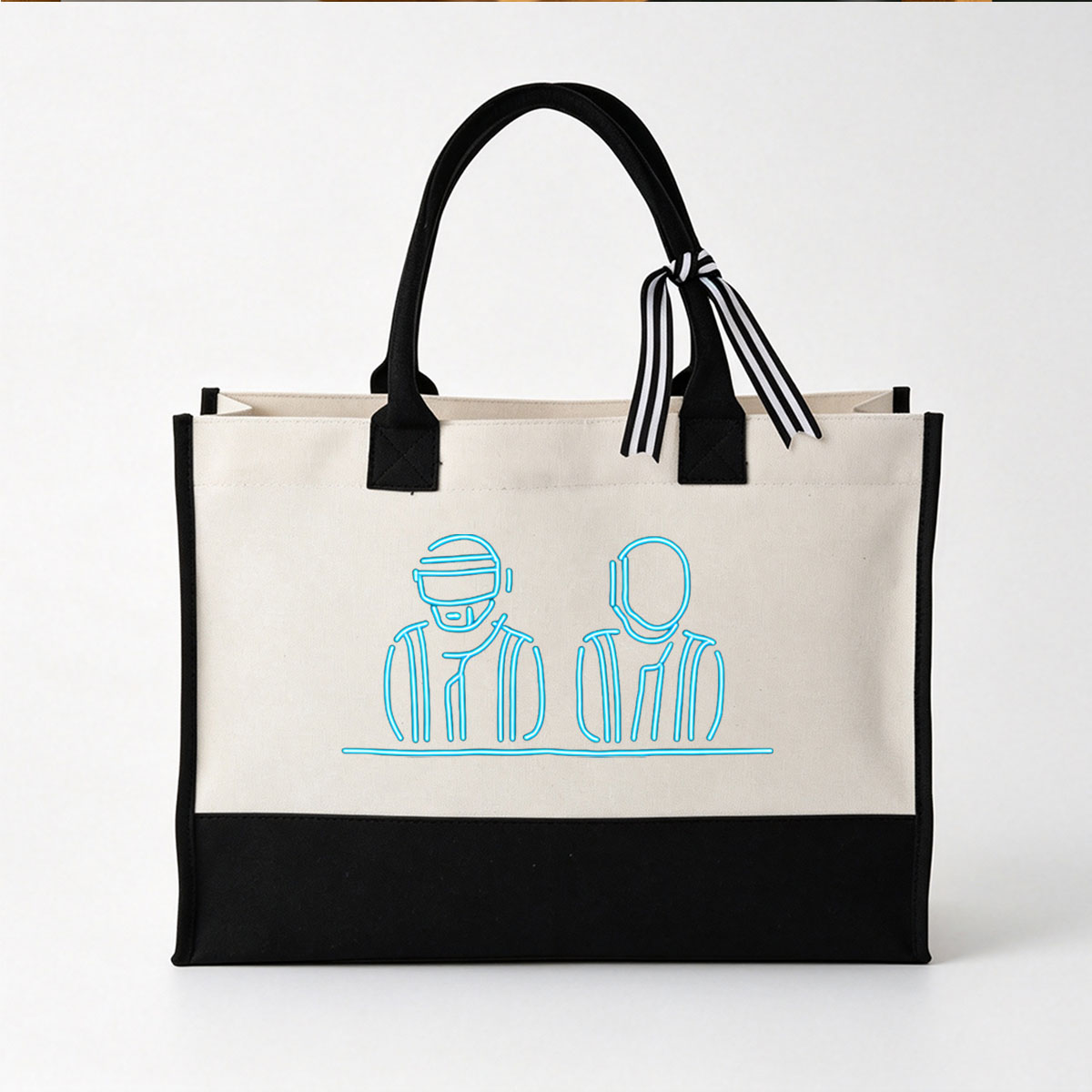Daft Punk Neon Line Art Portrait - Canvas patchwork gift tote bag