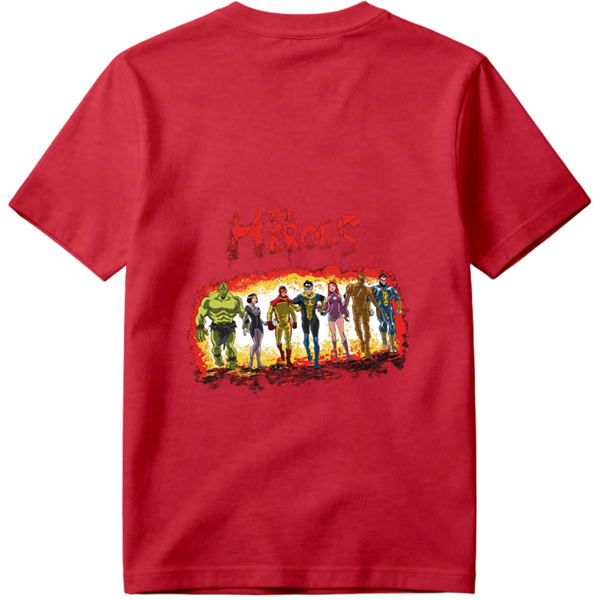 The Heroes: Green Hulk, Black Widow, Red Ranger, Blue Avenger, Pink Warrior, Golden Titan, and Blue Sentinel - Tee