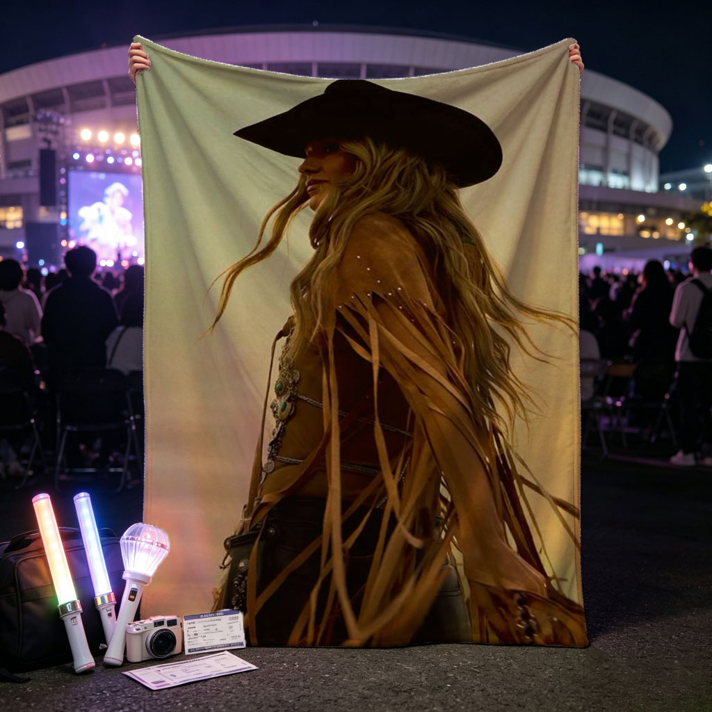 Lainey Wilson in a Cowboy Outfit Standing in a Field at Sunset - Blankets