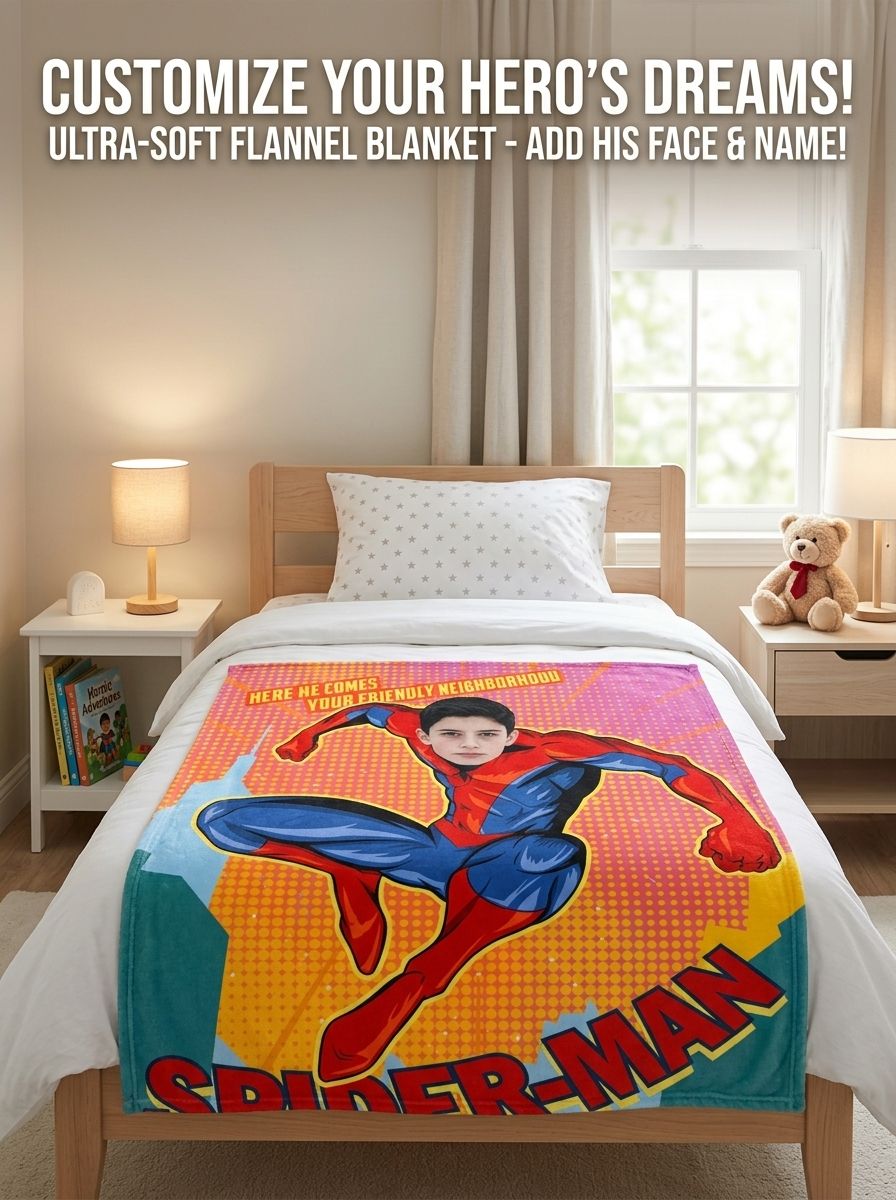 Custom Face Superhero Comic Flannel Blanket Personalized Photo Throw for Kids Boys Room Decor Soft Warm Gift