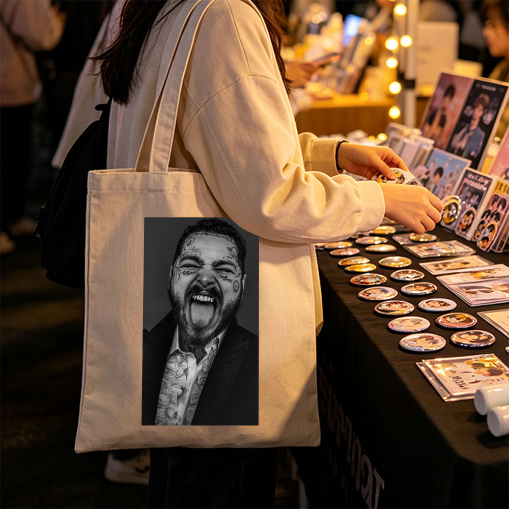 Post Malone Screaming in Black and White Portrait with Facial Tattoos and Suit - Canvas tote bags