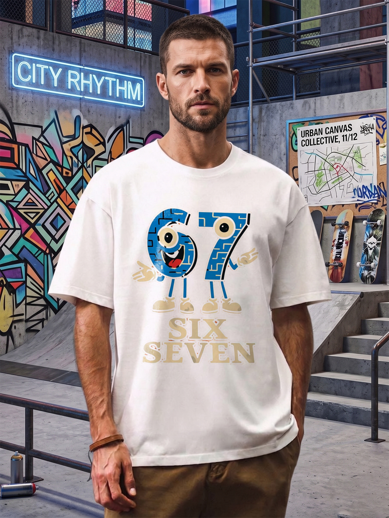 Men's Printed T-Shirt with Fun 67 Cartoon Numbers Design Six Seven Text Graphic Casual Round Neck Lightweight Breathable Summer Short Sleeve Tee for Adults Daily Wear and Outdoor Activities