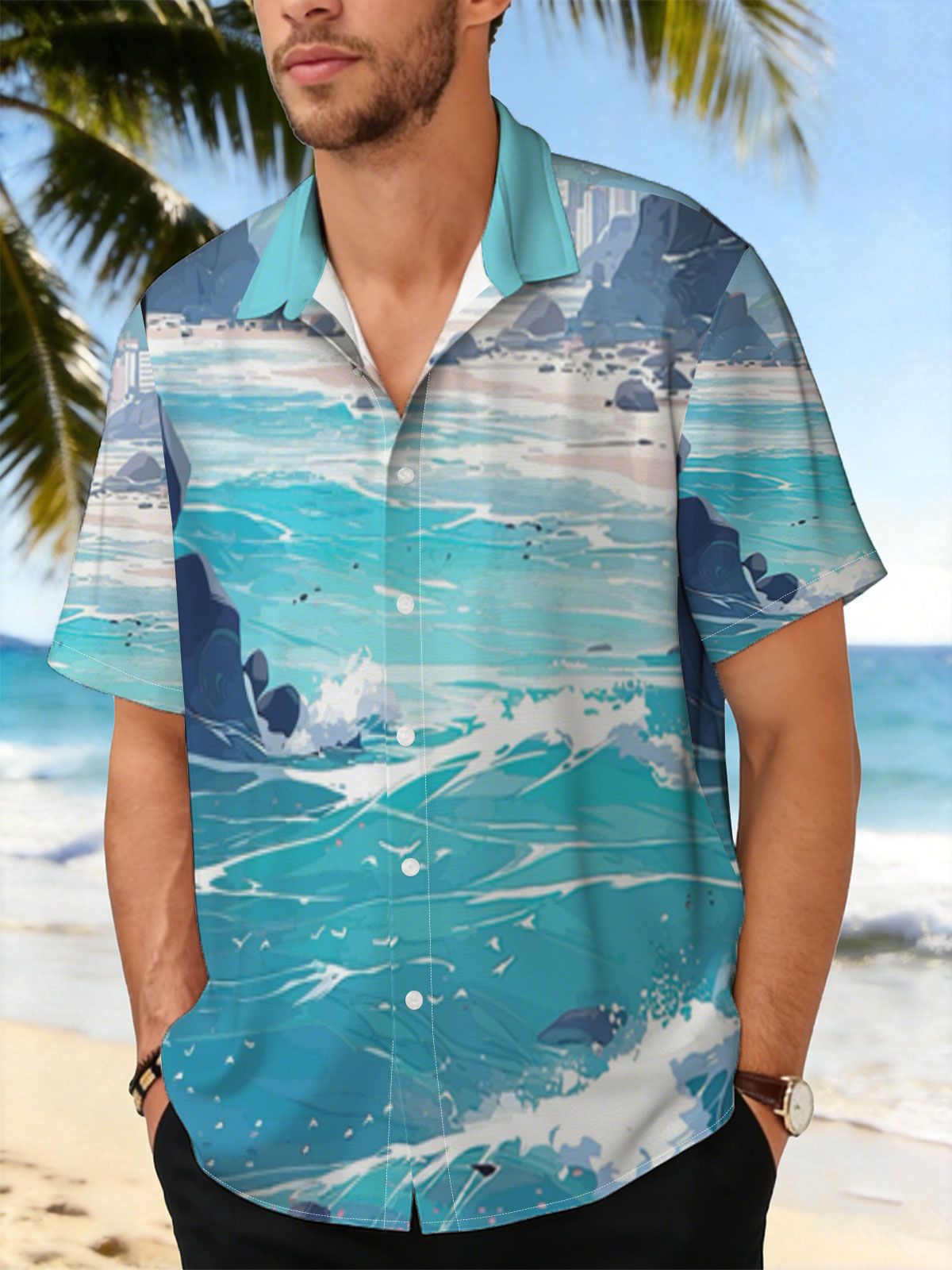 Turquoise waves crash on a rocky beach with distant city skyline and lush green hills under a bright sky. -  Shirt