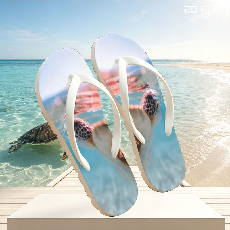 Sea turtle swimming at surface, half above water, clear blue ocean backdrop. -  flip-flops