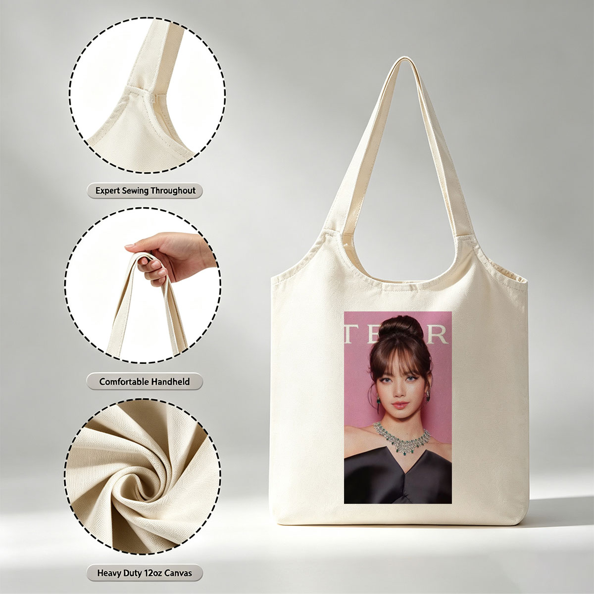 Lisa Blackpink Red Carpet Glamour in Emerald Jewelry and Black Gown - Canvas shoulder bags/